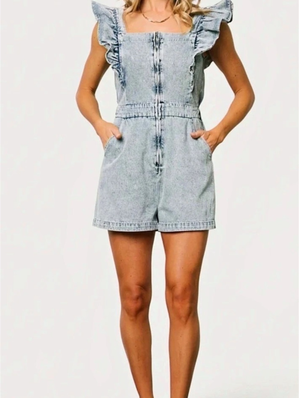 PRETTY PEACH Denim Ruffle Romper Size large Like New